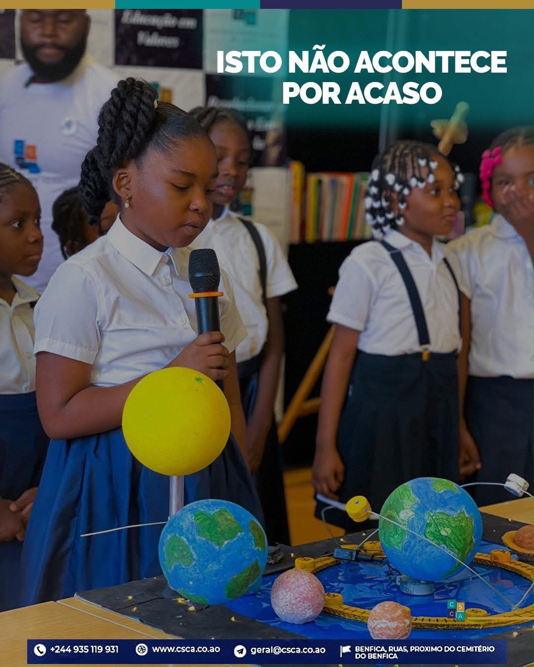 Crianças angolanas em actividade prática numa sala de aula moderna do CSCA